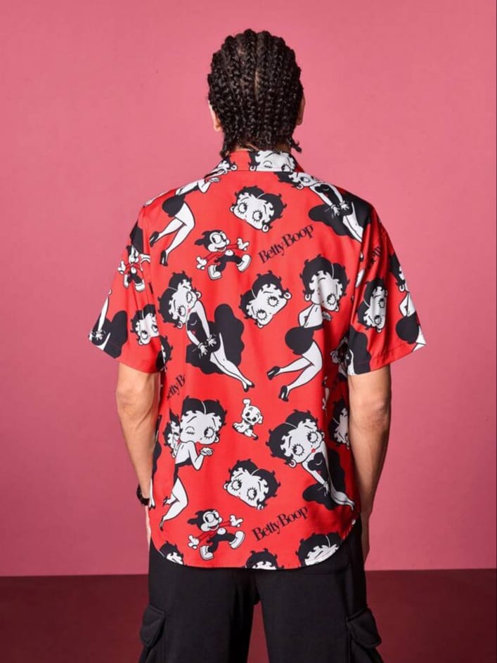 SWAVVY Betty Boop Cartoon Portrait Print Short Sleeve Casual Men's Shirt